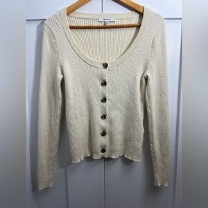 Madewell Ribbed Button Front Top | Cream Fitted Knit Long Sleeve M